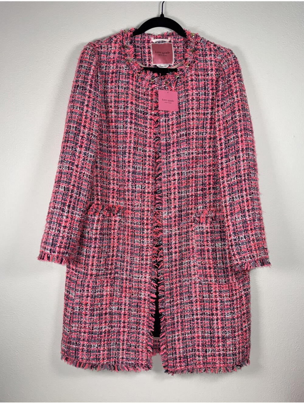NWT $598 KATE SPADE TWEED JACKET PINK PLAID FRINGE PERFECT PEONY SIZE 8 MEDIUM